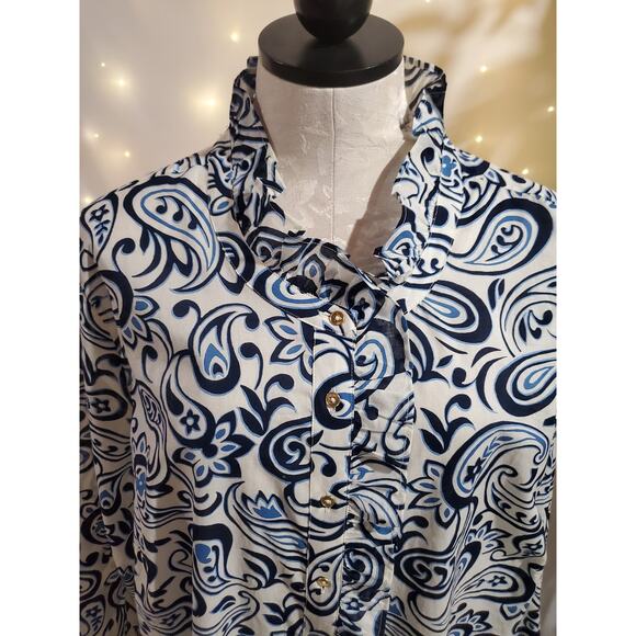 Talbots Ruffle Trim Gold Button Blouse Top Plus Size 2X Paisley Swirl Collared - Picture 5 of 9
